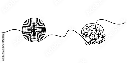 Mindfulness Idea Concept Doodle. Chaotically tangled line and untied knot in form of circle continuous one line drawing, Psychotherapy concept of solving problems is easy. Editable stroke