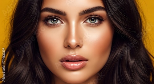 Wallpaper Mural Closeup of a beautiful woman with dark wavy hair and stunning eyes with yellow background. Torontodigital.ca