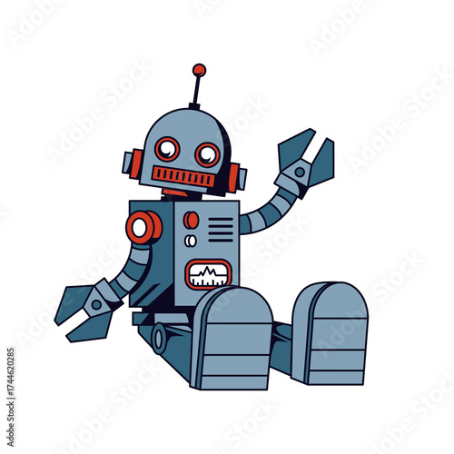 Illustration of a Gray and Teal Vintage Robot Sitting with Transparent Background