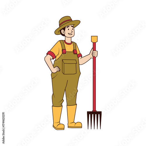 Illustration of a Man Holding Pitchfork Wearing Overalls and Hat with a White Background