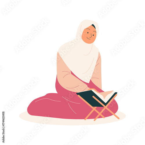 Illustration of Muslim Woman in Hijab Reading Quran on Transparent Background