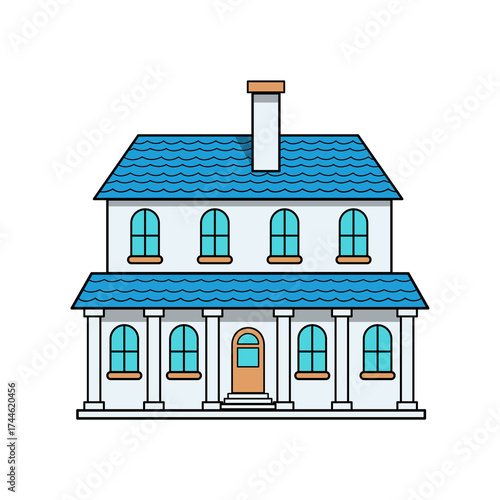 Illustration of Two Story House with Blue Roof and White Walls on Transparent Background