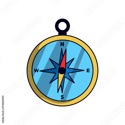 Illustration of Teal and Yellow Compass with Red Needle and Star Isolated on Transparent Background