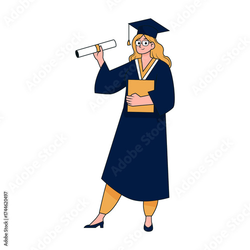 Illustration of Woman in Graduation Gown Holding Diploma and Book on Transparent Background