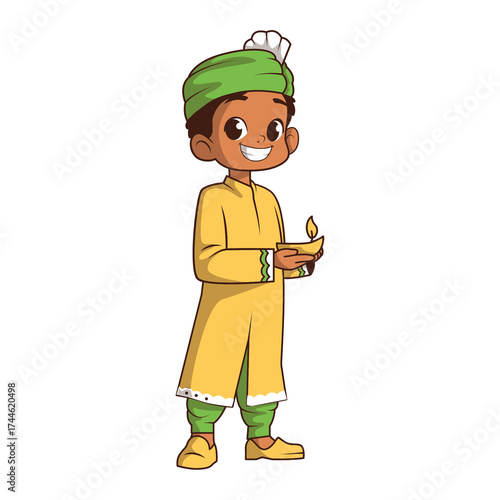 Indian Boy in Traditional Dress Holding Oil Lamp Illustration on Transparent Background for Festive Celebration