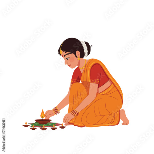Young Indian girl in traditional attire performs a small festival ritual, kneeling to gently place a lit candle on the ground in a vibrant flat 2D vector illustration.