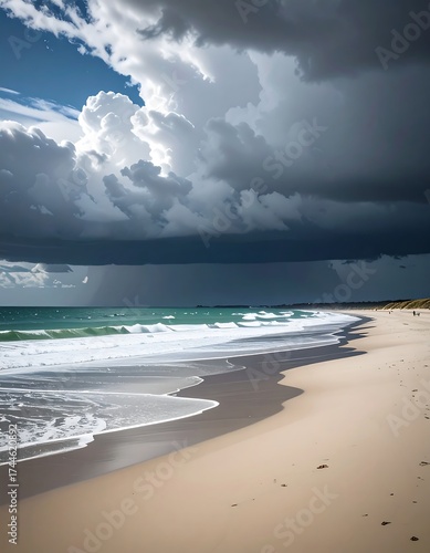 Dramatic beach scene with a stormy sky and waves