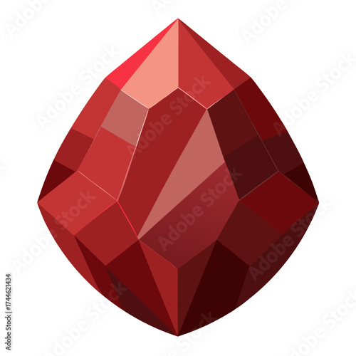 Red polygonal gemstone with geometric facets showing various shades from light to dark red.