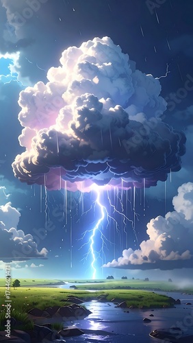Dramatic cloudscape with lightning over a lush green landscape