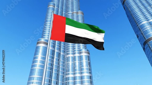 United Arab Emirates Flag Waving in Front of Modern Skyscrapers