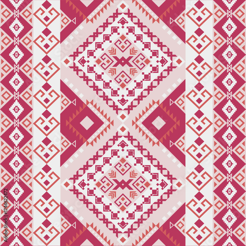 Geometric Ethnic pattern, Native American tribal fabric, tile, carpet, vector, illustration design, on a red-orange  background 