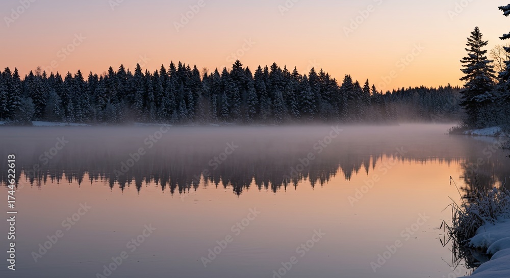 Fototapeta premium Tranquil Winter Lake with Misty Forest Reflection at Dawn