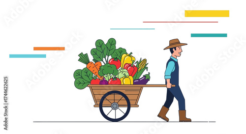 Farmer Transporting Abundant Fresh Vegetables In A Wooden Cart Towards A New Market
