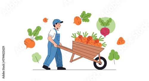 Farmer transports carrots in a wheelbarrow from harvest in an illustrated graphic