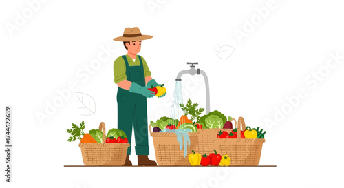 Farmer Washing Fresh Vegetables Ready For Market In Baskets Filled With Organic Produce