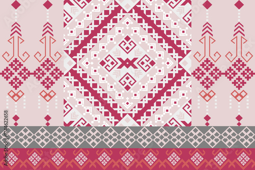 Geometric Ethnic pattern, Native American tribal fabric, tile, carpet, vector, illustration design, on a red-orange  background 
