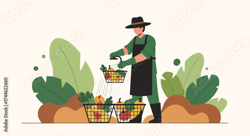 Farmer watering vegetables in a basket to keep fresh and healthy in the garden or farm environment