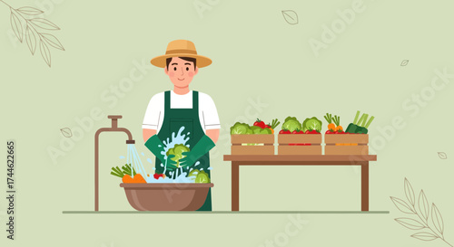 Farmer washing vegetables, food production, harvest, agricultural, healthy lifestyle