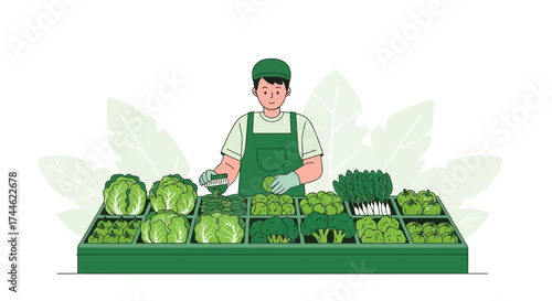 Fresh Produce Display: A Graphic Depiction Of A Friendly Grocer Presenting Vegetables