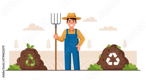 Farmer with a pitchfork and recycle icons on a compost landscape eco-friendly