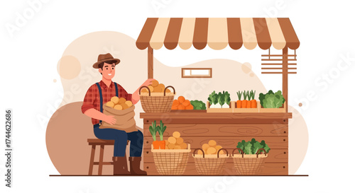 Farmer with fresh vegetables on a market stall, selling organic produce concept