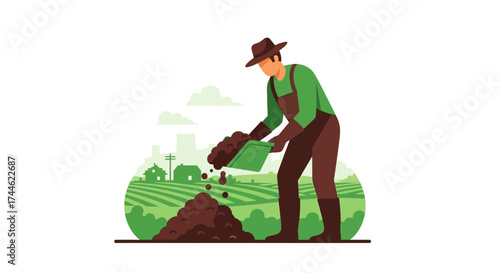Farmer working with soil on a farm in rural environment illustration design