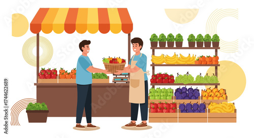 Fresh Produce Market Scene: A Customer Purchasing Fruit Basket From Local Vendor