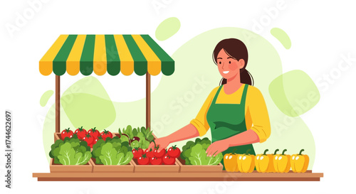 Fresh Produce Market Stall: Smiling Seller Displaying Colorful Vegetables for Sale
