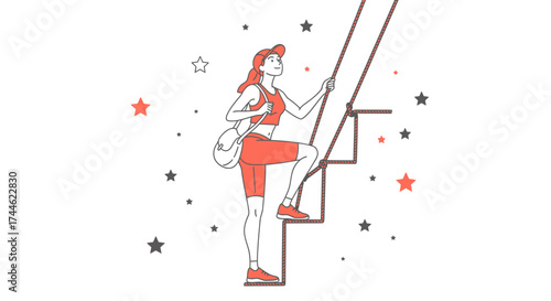 Female Athlete Climbing Rope Ladder with Determination Towards Stars Vector Illustration