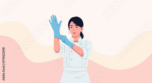 Female Chef Inserting Gloves Before Starting Her Kitchen Cooking Session, Illustration