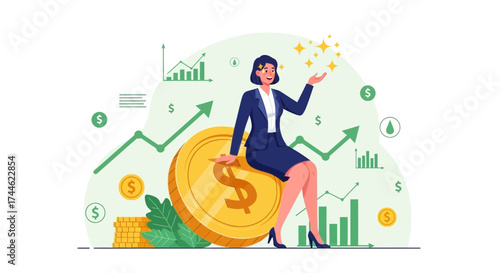 Financial Success: A Businesswoman Celebrates Above Rising Graphs and Golden Coins