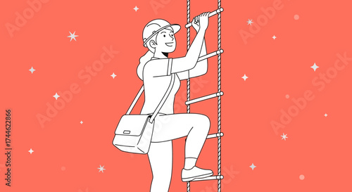 Female Engineer Ascending Ladder With A Bag Reaching Success In Business