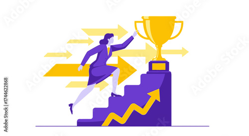 Female Entrepreneur Climbing Stairs Reaching For Success and Winning a Trophy