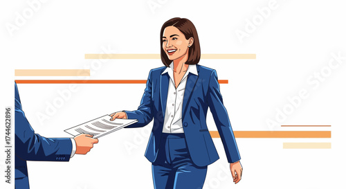 Female Executive Smiling While Accepting Paperwork With An Office-Like Setting