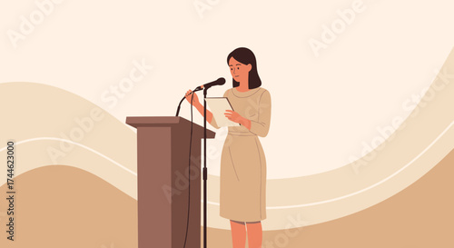 Female Presenting At A Podium, Public Speaker Giving Speech, Minimal Presentation Vector