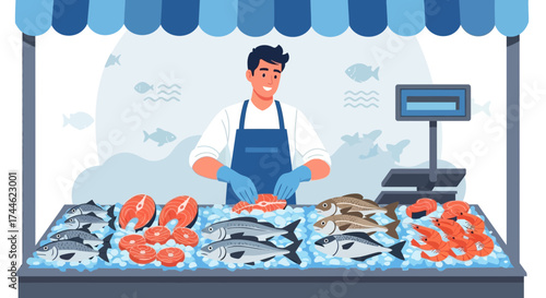 Fishmonger Displaying Seafood Offerings With An Array Of Fresh Fishes And Shrimps At The Market