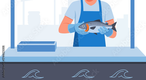 Fishmonger Showcasing Fresh Catch, Perfect for Cuisine Illustrations and Restaurant Advertising