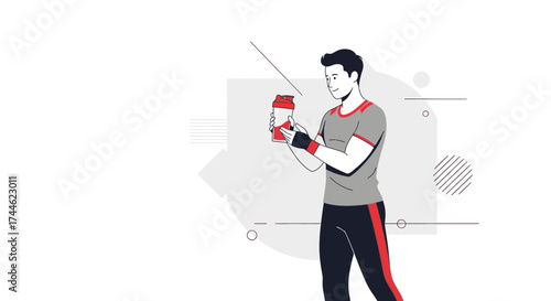 Fit Athlete Posing with Protein Shake Vector Illustration Against White Background