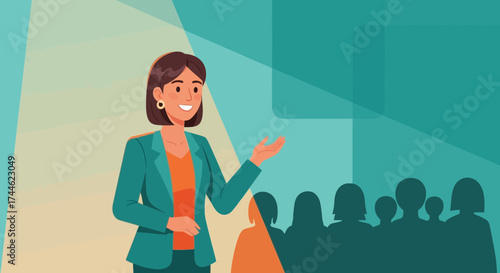 Female Speaker Presenting To Group Of Attendees In Front Of Abstract Colorful Backdrop