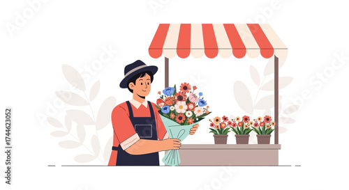 Florist holding a bouquet of flowers at a flower shop illustration