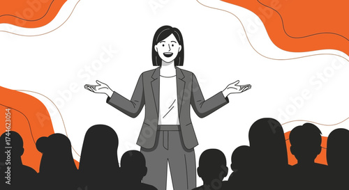 Female Speaker Presents to Audience, Professional Communication and Public Speaking Illustration