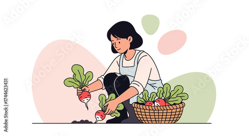 Gardener Harvesting Fresh Radishes and Placing Them in a Woven Basket