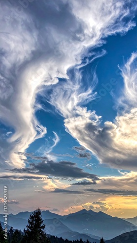 Dramatic sky with fluffy clouds above mountains at sunset