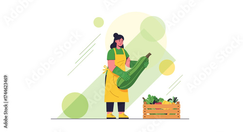 Gardener Holding Zucchini Alongside Harvest Basket Depicting Fresh Produce