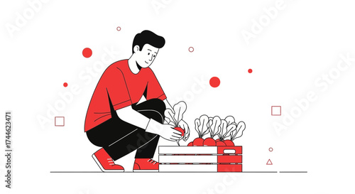 Gardener Harvesting Radishes from Wooden Crate in a Minimalist Line Art Style