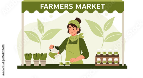Freshly Brewed Tea Being Poured In Cups At The Farmers Market Stall Illustration