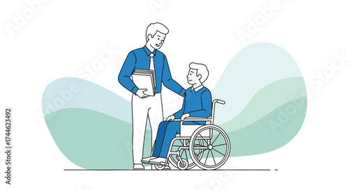 Friend supporting person in wheelchair disability flat vector illustration healthcare concept
