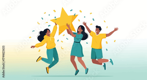 Friends Celebrate Success Lifting a Star, Symbolizing Achievement and Teamwork in Illustration