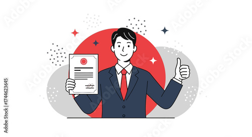 Formal Man Proudly Presenting Diploma With Thumbs Up Gesture Representing Achievement