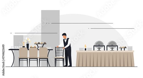 Formal Event Setup Depicting Server Preparing Banquet for Guests Minimalist Illustration